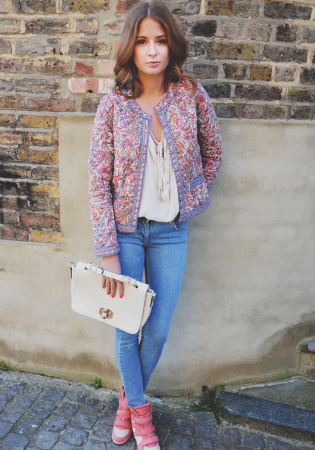 Celebrities in pastel fashion: Millie Mackintosh teamed her blush pink top with pastel accessories.<br><br>© Rex