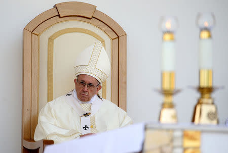 Pope Francis celebrates a mass in San Giovanni Rotondo, Italy March 17, 2018. REUTERS/Tony Gentile