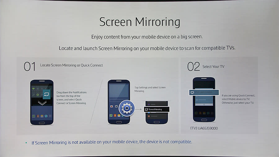 It's possible to wirelessly connect a mirroring-enabled mobile device to the TV and play the A/V files stored on it on the bigger screen.