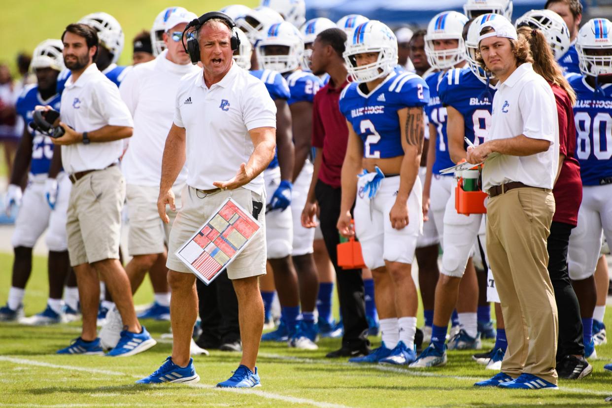 Presbyterian College head coach Kevin Kelley during their game against Morehead State at Bailey Memorial Stadium Saturday, Oct. 9, 2021.