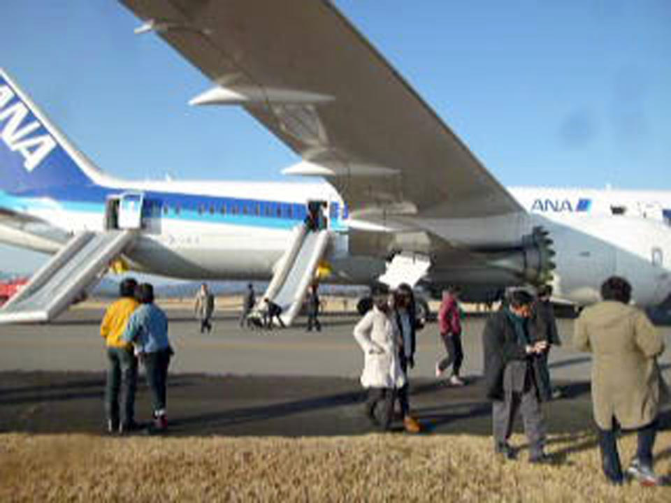 In this photo taken by a passenger and distributed by Japan's Kyodo News, passengers leave an All Nippon Airways Boeing 787 after it made an emergency landing at Takamatsu airport in Takamatsu, Kagawa Prefecture, western Japan, Wednesday, Jan. 16, 2013. ANA said a cockpit message showed battery problems and a burning smell was detected in the cockpit and the cabin, forcing the 787 on a domestic flight to land at the airport. (AP Photo/Kyodo News) JAPAN OUT, MANDATORY CREDIT, NO LICENSING IN CHINA, HONG KONG, JAPAN, SOUTH KOREA AND FRANCE