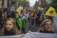 Protesters march during the demonstration entitled 'Budapest's Blockade Against Erdogan's Visit' in downtown Budapest, Hungary, Thursday, Nov. 7, 2019. (Zoltan Balogh/MTI via AP)