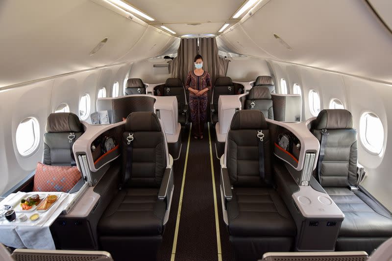 A view of the Business Class cabin during Singapore Airlines' media preview of their new Boeing 737-8 cabin products, at Changi Airport in Singapore