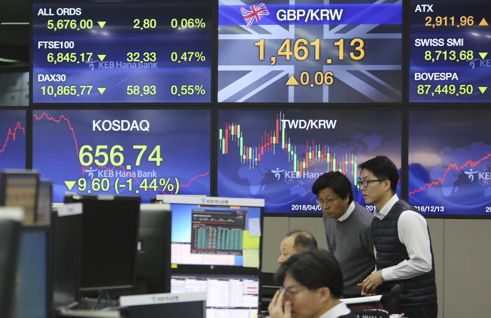 Currency traders watch monitors at the foreign exchange dealing room of the KEB Hana Bank headquarters in Seoul, South Korea, Monday, Dec. 17, 2018. Asian markets rose Monday on hopes that the Federal Reserve would re-evaluate its hawkish stance at a meeting later this week, following signs of slower global growth. (AP Photo/Ahn Young-joon)