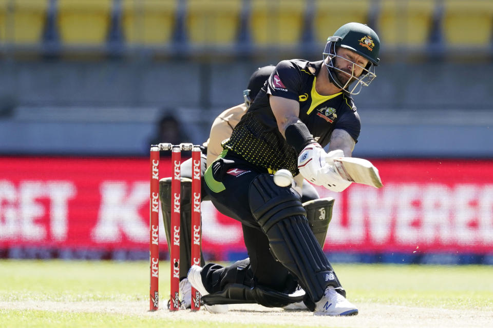 Australia's Matthew Wade bats against New Zealand during their 5th T20 cricket international match at Wellington Regional Stadium in Wellington, New Zealand, Sunday, March 7 , 2021. (John Cowpland/Photosport via AP)