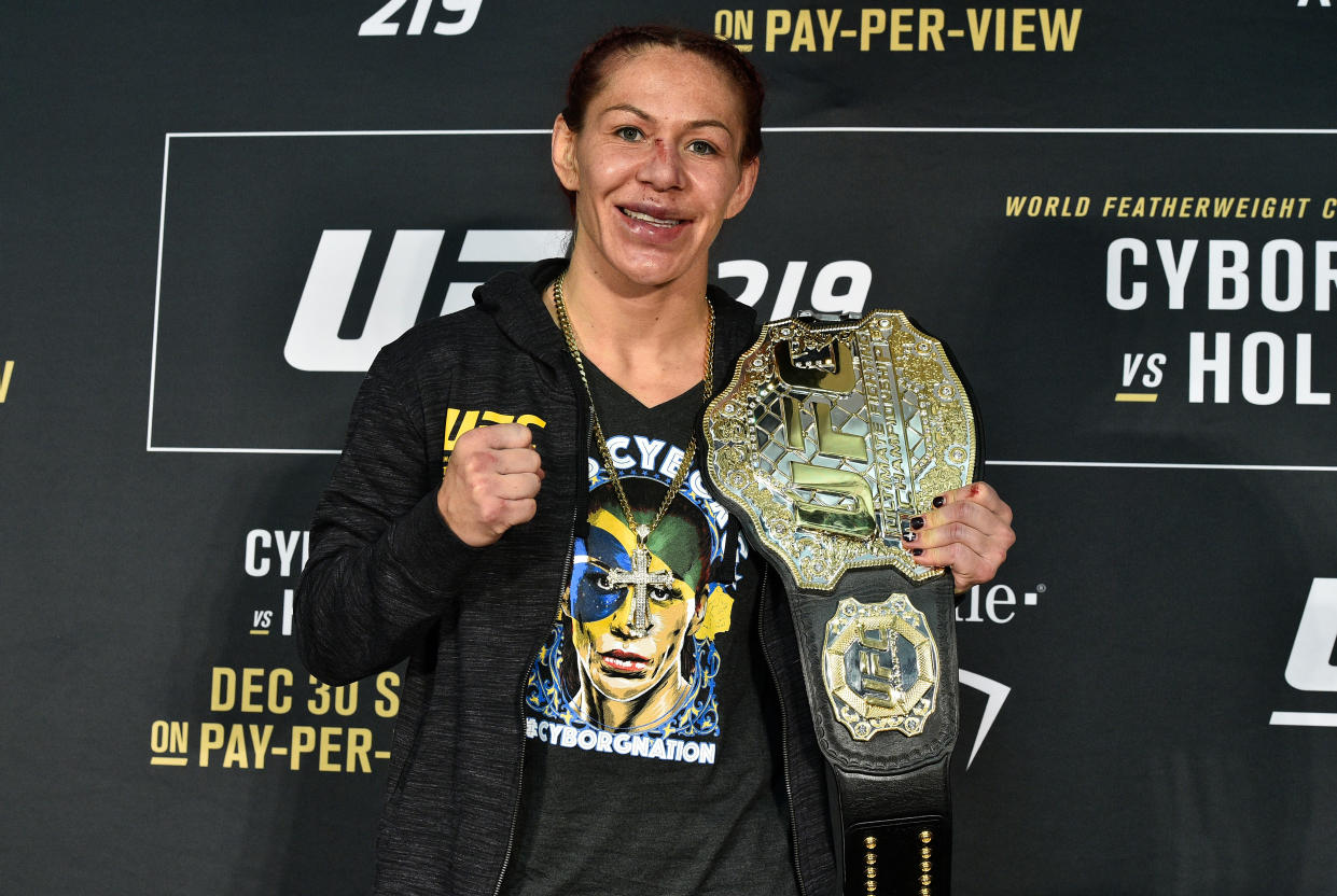 Women’s featherweight champion Cris “Cyborg” Justino will face Yana Kunitskaya in the main event of UFC 222 on March 3 in Las Vegas, UFC president Dana White announced. (Getty Images)