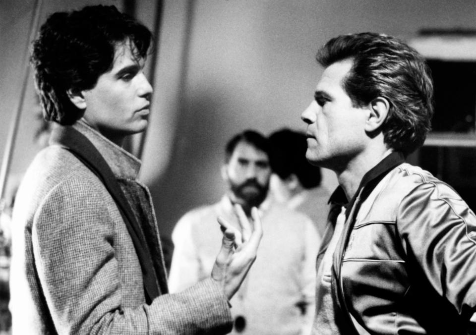 FRIGHT NIGHT, from left: Chris Sarandon, director Tom Holland on set, 1985, © Columbia/courtesy Everett Collection