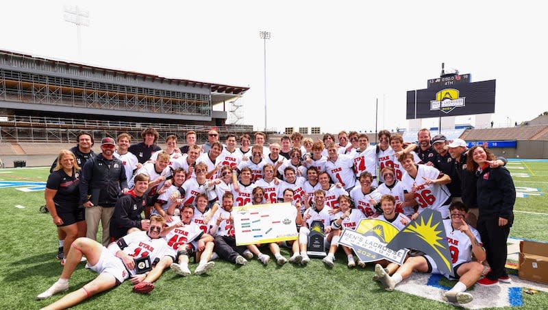 Utah lacrosse poses with the trophy after winning the 2024 ASUN Conference championship.