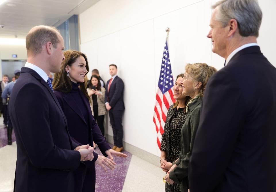 <p>William and Kate are greeted by First Lady Lauren Baker and Governor Charlie Baker as they arrive at Boston Logan International Airport.</p>