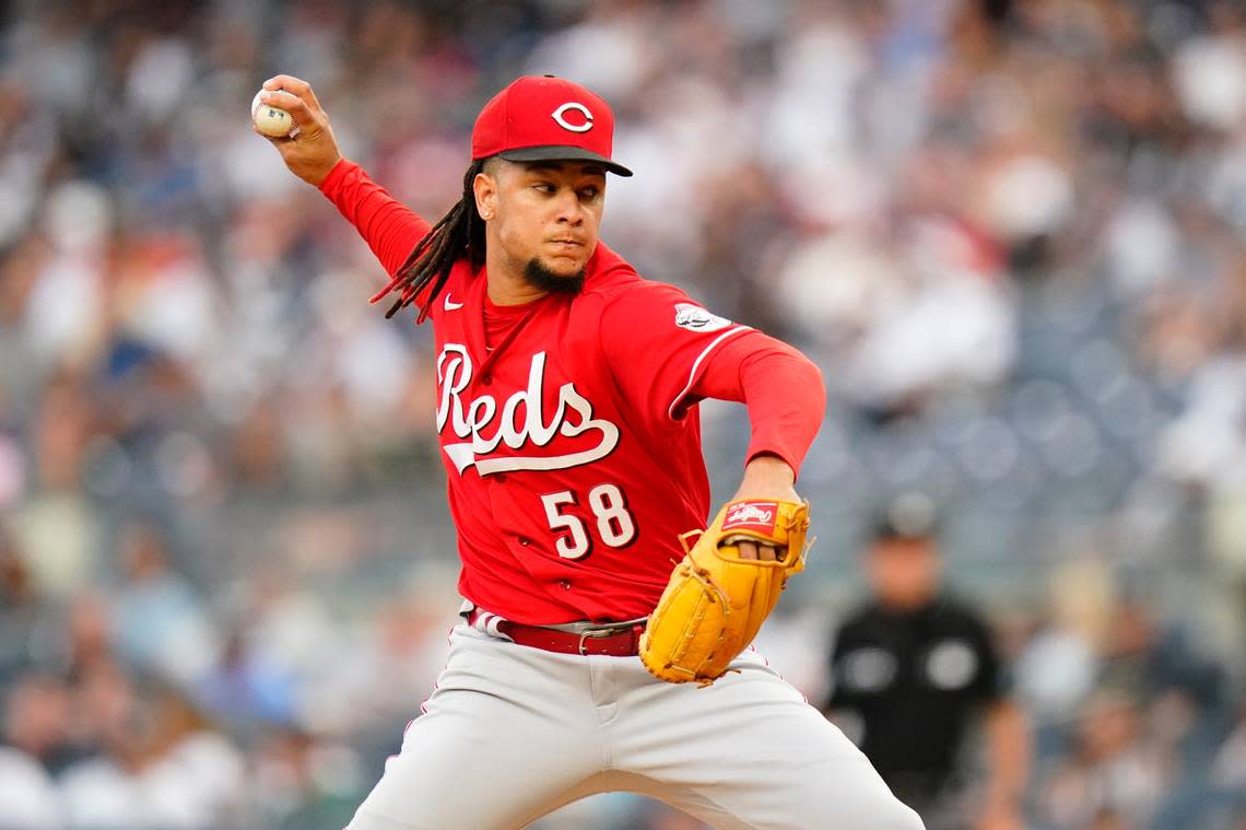 Cincinnati Reds’ Luis Castillo pitches during the first inning of a baseball game against the New York Yankees Thursday, July 14, 2022, in New York. (AP Photo/Frank Franklin II)