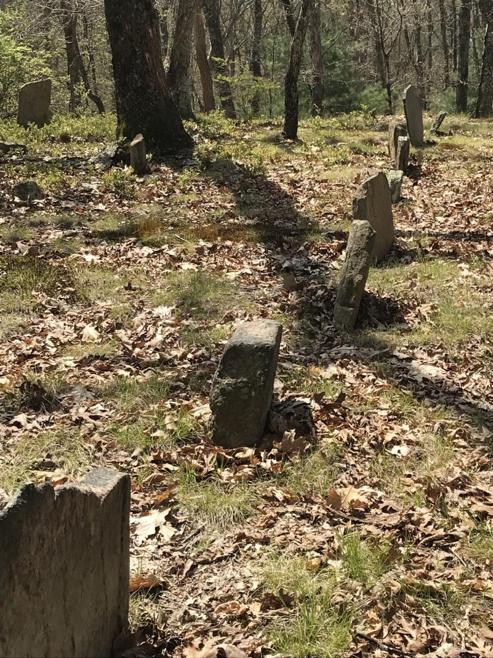 A line of small, unmarked gravestones is located on a hillock in an historic cemetery.