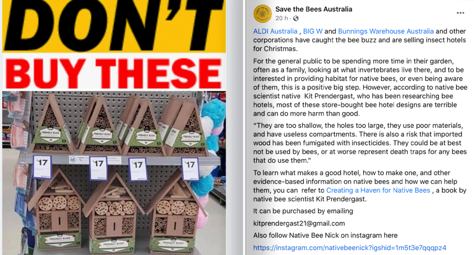 A screenshot of the Save the Bees Australia Facebook post