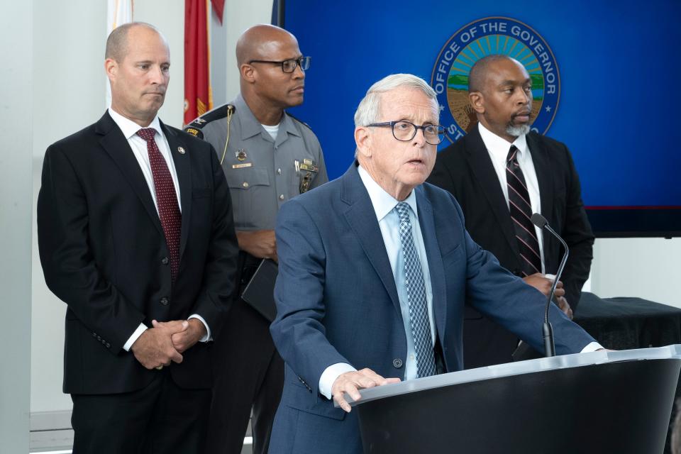 Sep 19, 2023; Columbus, Ohio, United States; Ohio Governor Mike DeWine speaks during a press conference addressing the new initiatives being taken to identify guns that are being used in violent crimes to trace them back to their owners. 