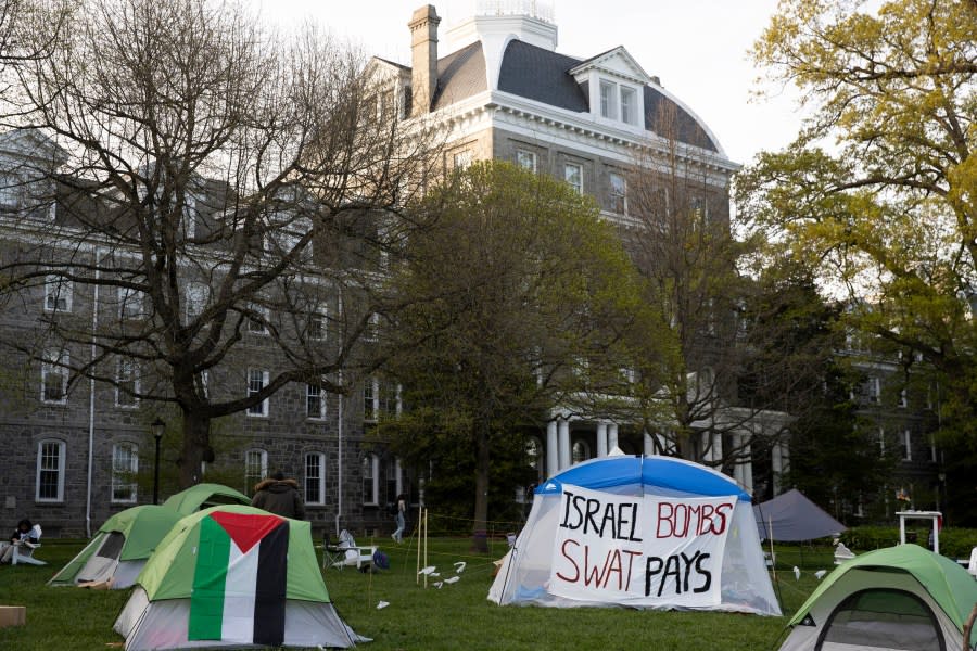 Student protestors erected approximately 20 tents on Parrish Beach by Clothier Hall at Swarthmore College in Swarthmore, Pa. on Tuesday, April 23, 2024. (Monica Herndon/The Philadelphia Inquirer via AP)