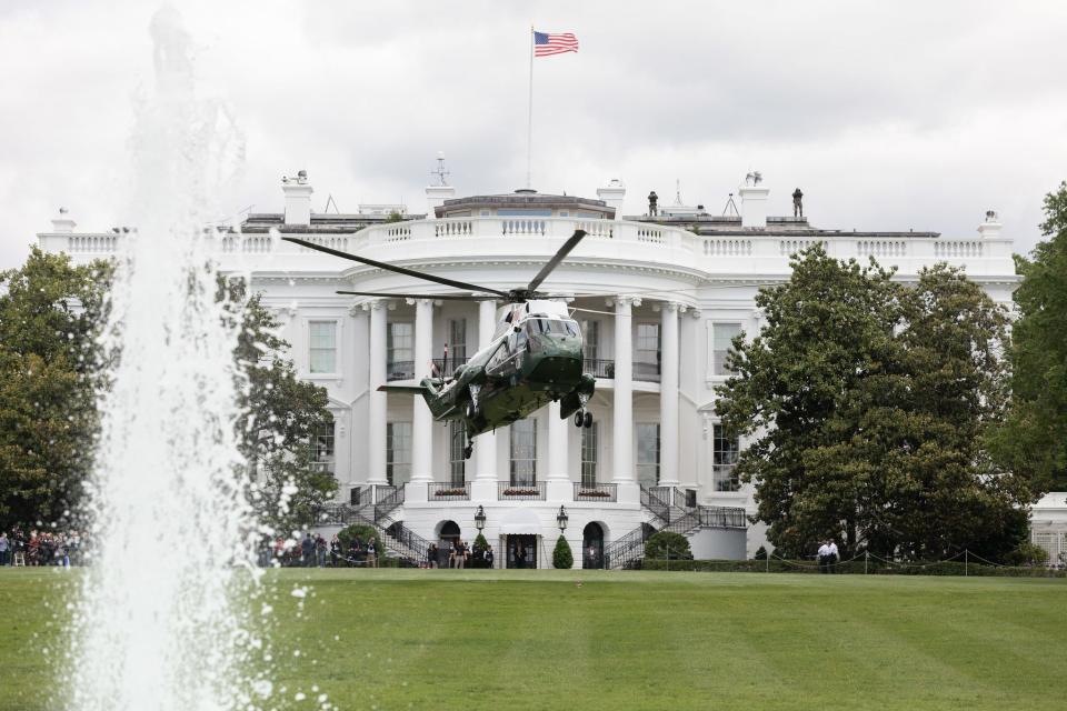 Marine One takes off from the South Lawn of the White House