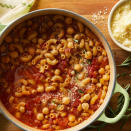 <p>This thick soup is full of ceci (Italian for chickpeas), tomatoes, fresh rosemary and pasta. Convenient pantry items makes it the perfect solution for harried weeknights. To make this soup vegetarian simply swap reduced-sodium vegetable broth for the beef broth.</p> <p> <a href="https://www.eatingwell.com/recipe/251482/pasta-chickpea-soup-pasta-e-ceci/" rel="nofollow noopener" target="_blank" data-ylk="slk:View Recipe" class="link ">View Recipe</a></p>