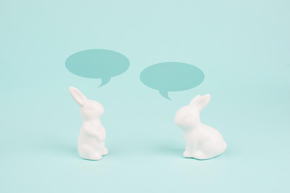 Learning how to cope with annoying conversations can help you feel more relaxed. (Getty) Easter bunny talking together, rabbits have a conversation, spring holiday greeting card with speech bubbles