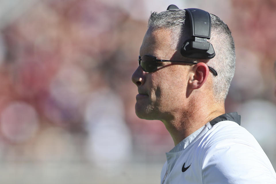 Florida State head coach Mike Norvell reacts in the first half of an NCAA college football game against Wake Forest, Saturday, Oct. 1, 2022, in Tallahassee, Fla. (AP Photo/Phil Sears)