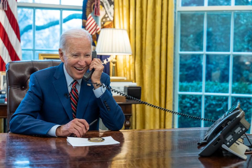 President Joe Biden places a carry-out order for his lunch with the Vice President at local restaurant “Ghost Burger” while recording a video about the importance of supporting small businesses, Tuesday, January 17, 2023, in the Oval Office.