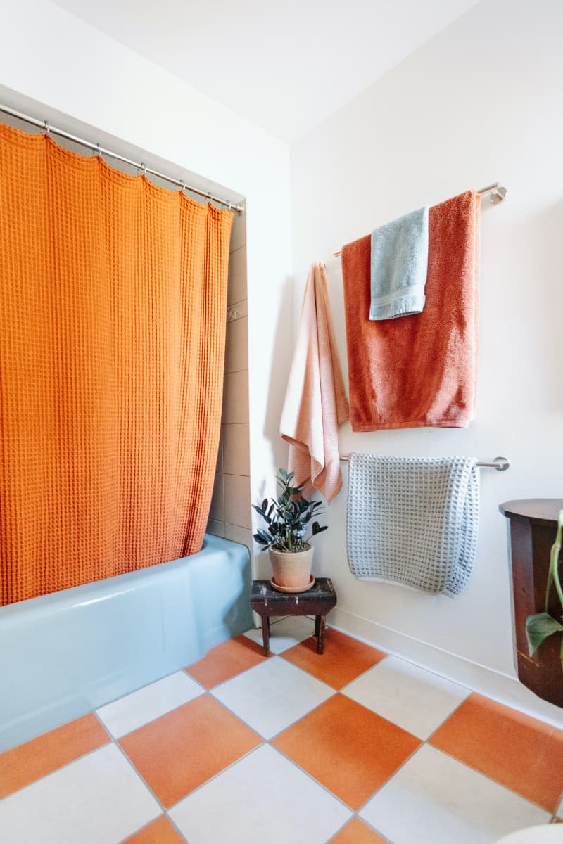Potted plant sits in corner of white bathroom with blue tub and orange accents.