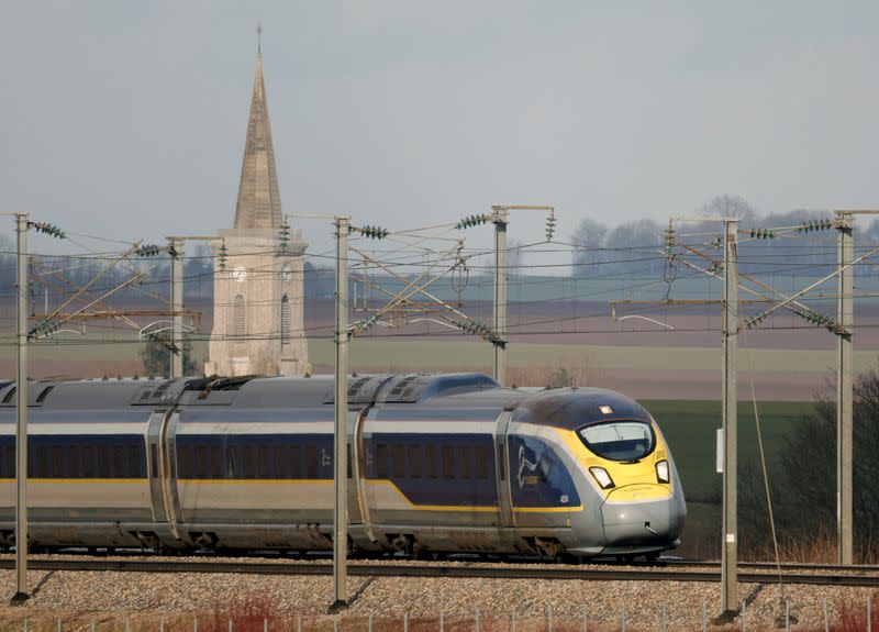 FILE PHOTO: A Eurostar high-speed train speeds on the LGV Nord rail track outside Saint-Leger