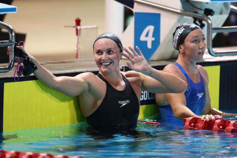 GOLD COAST, AUSTRALIA - APRIL 19: Ariarne Titmus celebrates winning the Women’s 400m Freestyle Final during the during the 2024 Australian Open Swimming Championships at Gold Coast Aquatic Centre on April 19, 2024 in Gold Coast, Australia. (Photo by Chris Hyde/Getty Images)