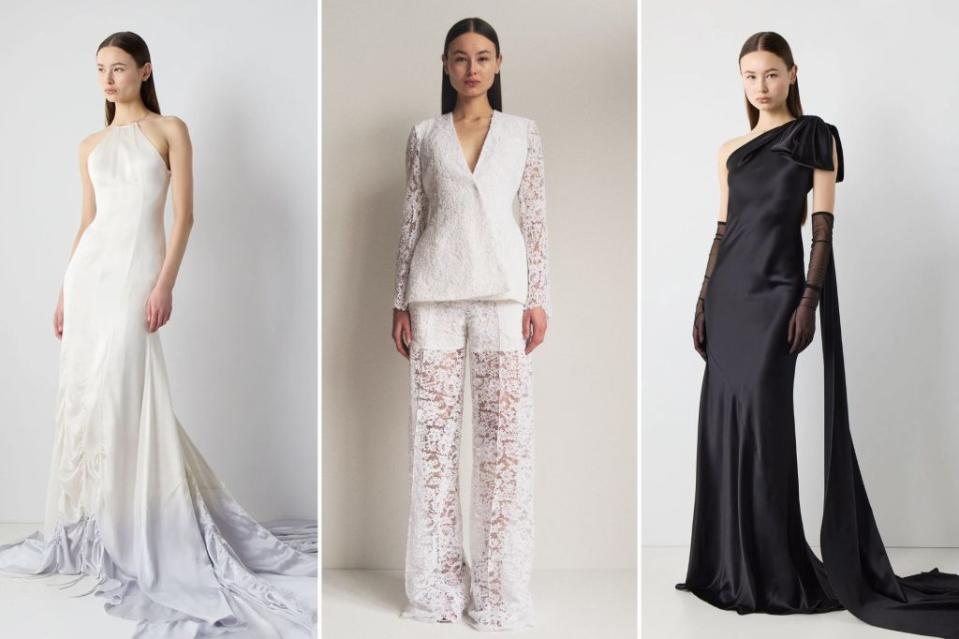 Alejandra Alonso Rojas’ debut bridal collection includes (from left) “The Parachute” gown, a lacey flared jacket with wide-leg lace pants and a one-shoulder bow gown with a train. Images: Courtesy of Alejandra Alonso Rojas