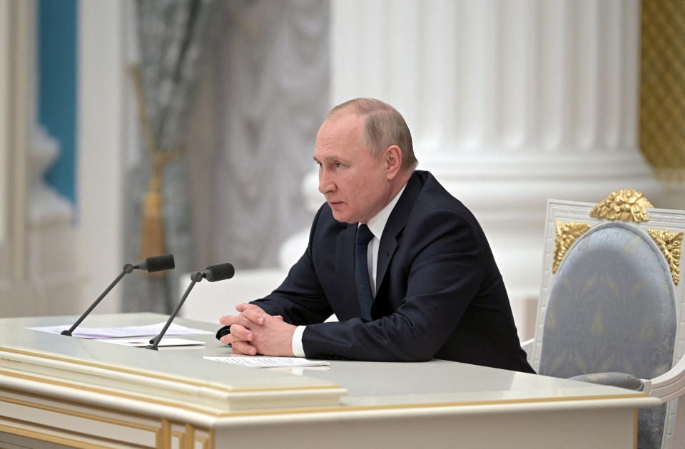 Russian President Vladimir Putin speaks during a meeting with representatives of the business community at the Kremlin in Moscow, Russia February 24, 2022. Sputnik/Aleksey Nikolskyi/Kremlin via REUTERS ATTENTION EDITORS - THIS IMAGE WAS PROVIDED BY A THIRD PARTY.