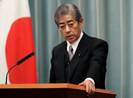 Japan's Defence Minister Takeshi Iwaya attends a news conference in Tokyo