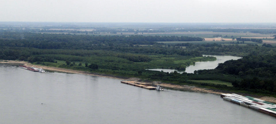 Barges and their towboats accumulate alongside the Mississippi banks of the Mississippi River near Greenville, Miss., Tuesday, Aug. 21, 2012. Officials with the U.S. Army Corps of Engineers say low water levels that are restricting shipping traffic, forcing harbor closures and causing towboats and barges to run aground on the Mississippi River are expected to continue into October. (AP Photo/Rogelio V. Solis)