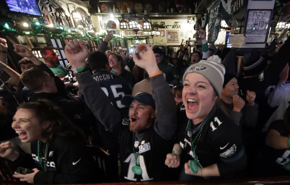 <p>Eagles fans react during the first half of Super Bowl 52 between the Philadelphia Eagles and the New England Patriots, Sunday, Feb. 4, 2018, in Philadelphia. (AP Photo/Matt Rourke) </p>