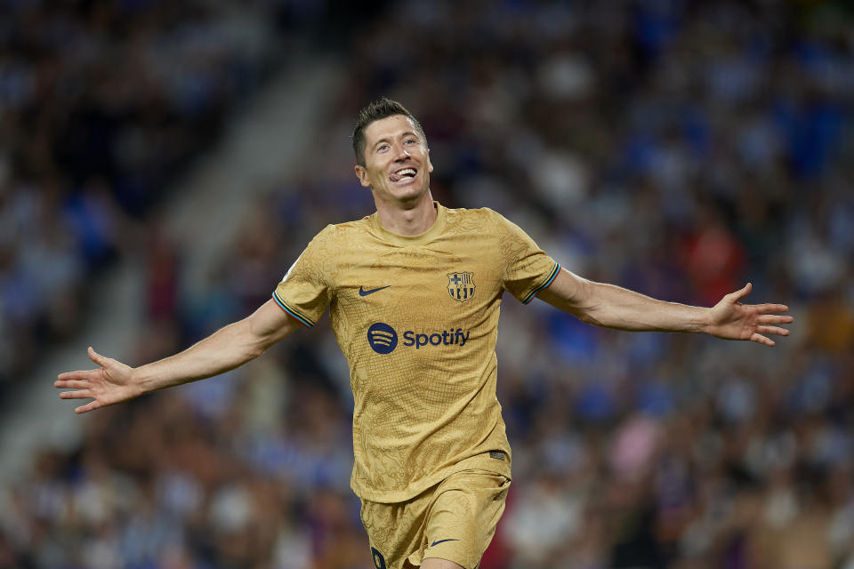 Robert Lewandowski centre-forward of Barcelona and Poland celebrates after scoring his sides second goal during the La Liga Santander match between Real Sociedad and FC Barcelona at Reale Arena on August 21, 2022 in San Sebastian, Spain. (Photo by Jose Breton/Pics Action/NurPhoto via Getty Images)