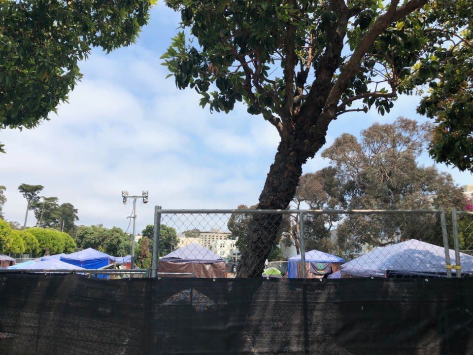 <p>The tops of tents inside 730 Stanyan. Photo: Camden Avery/Hoodline</p>