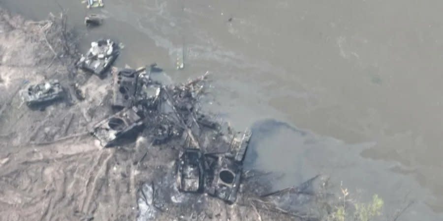 Destroyed Russian equipment at an attempted river crossing near Bilohorivka