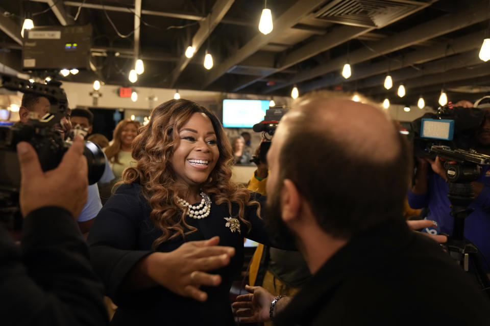 Democrat Sheila Cherfilus-McCormick greets supporters as she arrives at an election night party, Tuesday, Jan. 11, 2022, in Fort Lauderdale, Fla. Cherfilus-McCormick, a health care company CEO, defeated Republican Jason Mariner in the special election to fill Florida's 20th Congressional District seat, left vacant after Democratic U.S. Rep. Alcee Hastings died last April of pancreatic cancer. (AP Photo/Rebecca Blackwell)