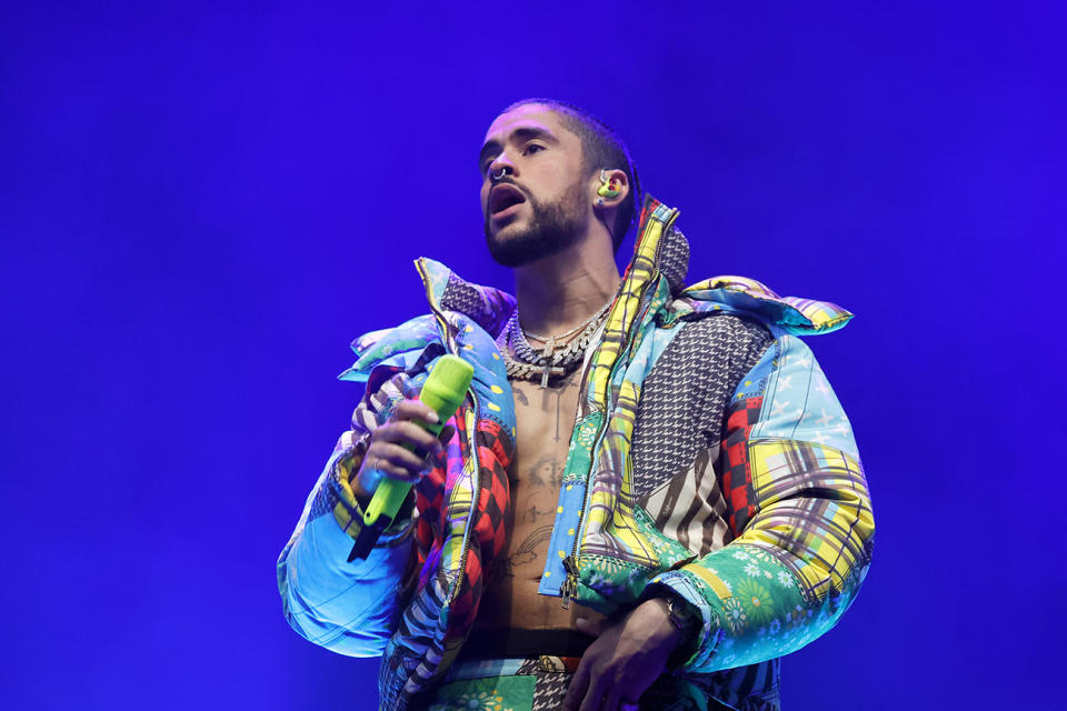 INDIO, CALIFORNIA - APRIL 14: Bad Bunny performs at the Coachella Stage during the 2023 Coachella Valley Music and Arts Festival on April 14, 2023 in Indio, California. (Photo by Frazer Harrison/Getty Images for Coachella)