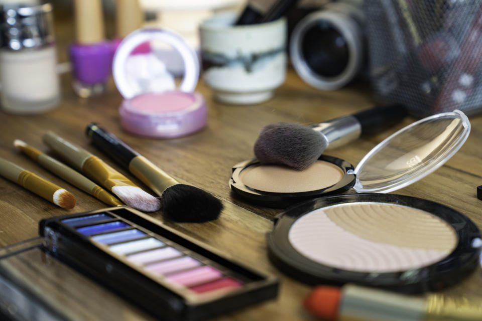 makeup laid out on a table