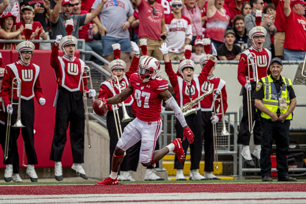 MADISON, WI - SEPTEMBER 07: Wisconsin Badgers wide receiver Quintez Cephus (87) celebrates after scoring his second touchdown reception of the day durning a college football game between the Central Michigan Chippewas and the Wisconsin Badgers on September 7, 2019, at Camp Randall Stadium in Madison, WI. (Photo by Dan Sanger/Icon Sportswire via Getty Images)