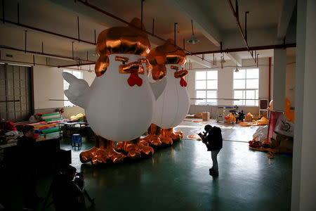 A cameraman films an inflatable chicken that local media say bears resemblance to U.S. President-elect Donald Trump as a Chinese factory braces for the Year of the Rooster in Jiaxing, Zhejiang province, China January 12, 2017. REUTERS/Aly Song