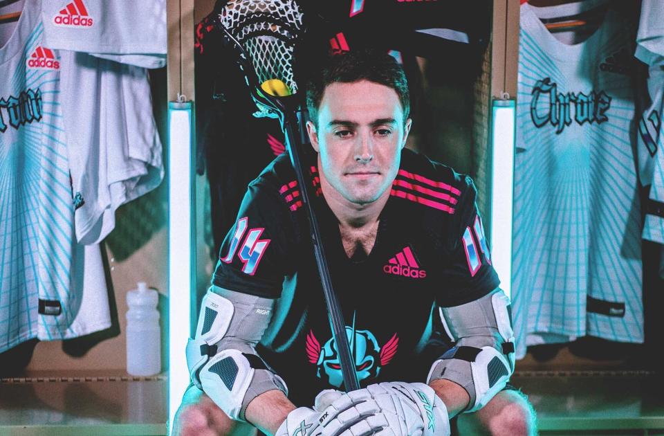 Chrome jerseys for the new Premier Lacrosse League, modeled by Justin Guterding. (Adidas)