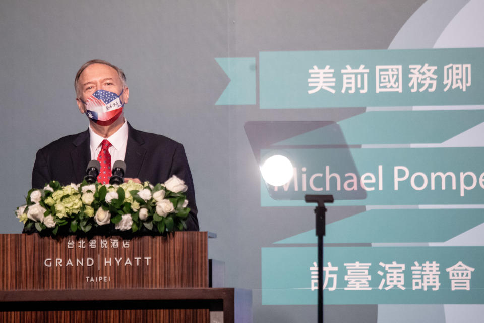 Former U.S. Secretary of State, Mike Pompeo, gives speech on a four-day visit in Taipei, Taiwan, March 4, 2022. (Photo by Annabelle Chih/NurPhoto via Getty Images)