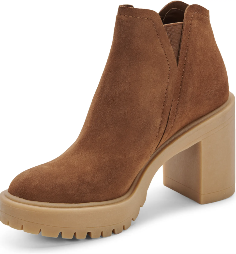 Dolce Vita Cashe H&#x002082;O Waterproof Bootie in camel suede (Photo via Nordstrom)