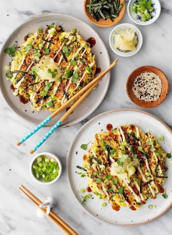 Love and Lemons<p>This okonomiyaki recipe proves that weeknight dinners don't have to be boring! It cooks in a flash and it's healthy, delicious and super fun to make.</p><p><strong>Get the recipe: <a href="https://www.loveandlemons.com/okonomiyaki/" rel="sponsored" target="_blank" data-ylk="slk:Okonomiyaki;elm:context_link;itc:0;sec:content-canvas" class="link "><em>Okonomiyaki</em></a></strong></p>