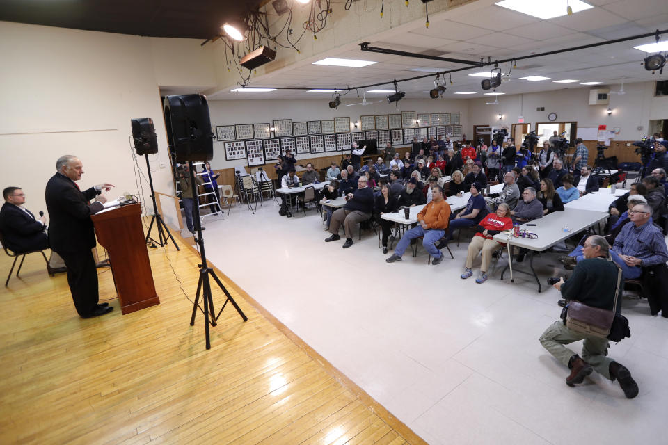 U.S. Rep. Steve King, R-Iowa, left, speaks during a town hall meeting, Saturday, Jan. 26, 2019, in Primghar, Iowa. (AP Photo/Charlie Neibergall)