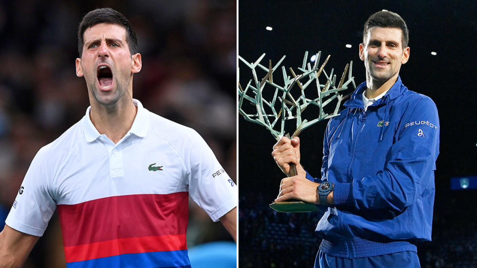 Pictured here, Novak Djokovic celebrates after winning the Paris Masters title for a sixth time.