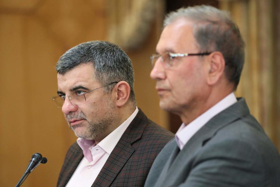 Iraj Harirchi and Ali Rabiei at at press conference on Monday (AP)