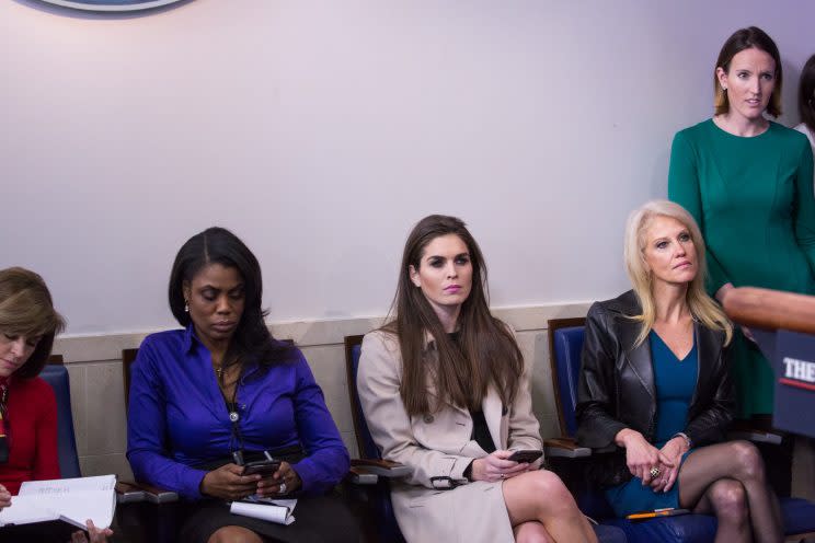 Omarosa, Kellyanne Conway, and Hope Hicks during the daily press briefing in the James Brady Press Briefing Room at the White House. (Photo: Getty Images)