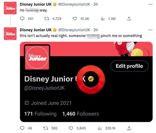 "No way" tweets the troll @DisneyJuniorUK account in reference to its gold checkmark.