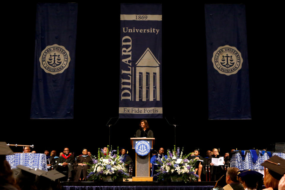 First lady Michelle Obama delivers the commencement address to graduates of Dillard University in New Orleans, Saturday, May 10, 2014. (AP Photo/Jonathan Bachman)
