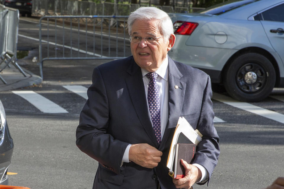 CORRECTS DAY OF WEEK TO TUESDAY INSTEAD OF MONDAY - Sen. Robert Menendez, D-N.J., arrives at federal court, Tuesday, May 28, 2024. Menendez is accused of taking bribes of cash, gold bars and a luxury car in exchange for favors performed for several New Jersey businessmen. (AP Photo/Ted Shaffrey)